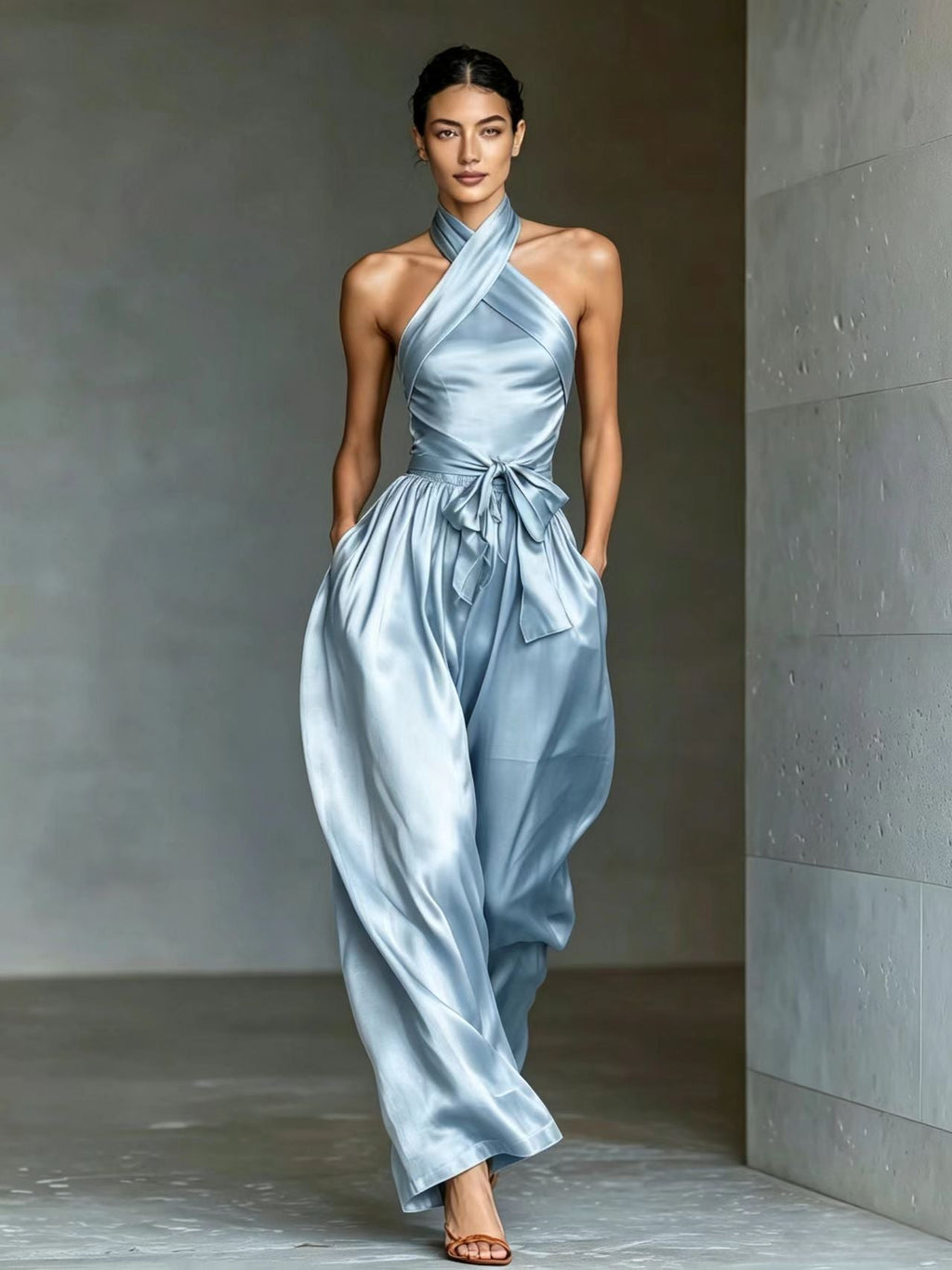 European And American Cross-border Women's Satin High-end Waist-cinching Slit Strap Solid Color Evening Dress Jumpsuit For Women
