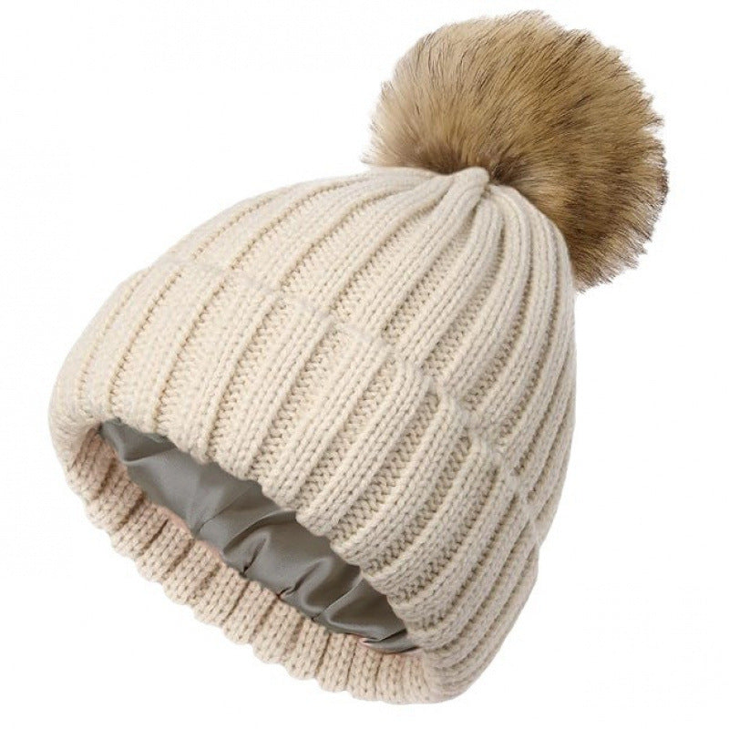 Womens Solid-Color Brimmed Hat With Satin Pom-Pom