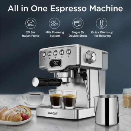 Geek Chef 20-Bar Espresso Maker with Milk Frother – Stainless Steel Espresso Machine for Lattes, Cappuccinos & More, 1.8L Tank