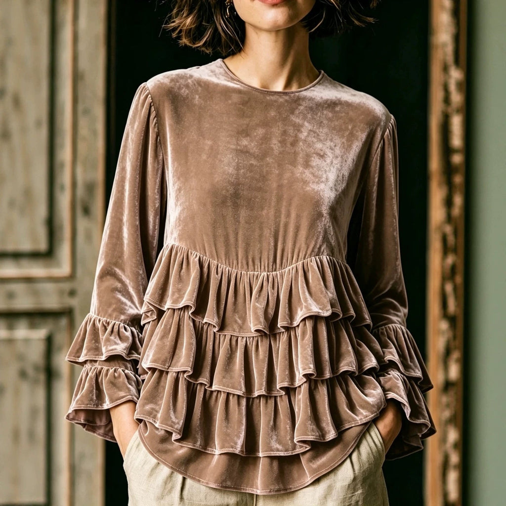 Womens Long-Sleeve Solid-Color Crew-Neck Ruffle-Trim Casual Loose-Fit Top