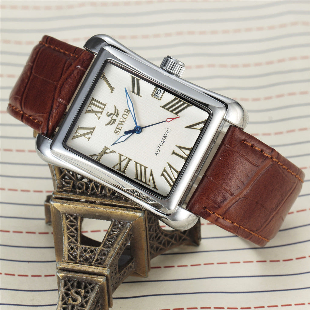 Mens Automatic Mechanical Square-case Leather-strapped Mens Watch Calendar Wristwatch