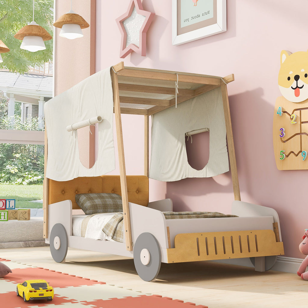 Wood Twin Size Car Bed with Pillow, Ceiling Cloth