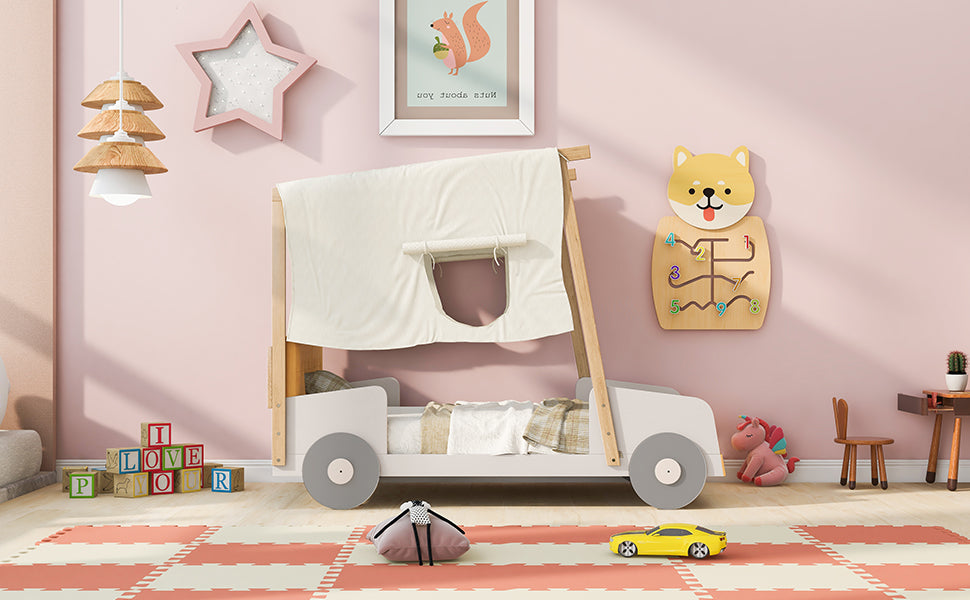 Wood Twin Size Car Bed with Pillow, Ceiling Cloth