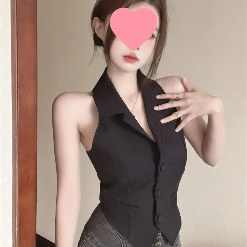 Halter Neck Backless Short Blazer Vest - Women's Sleeveless Tailored Crop Top for Party Club