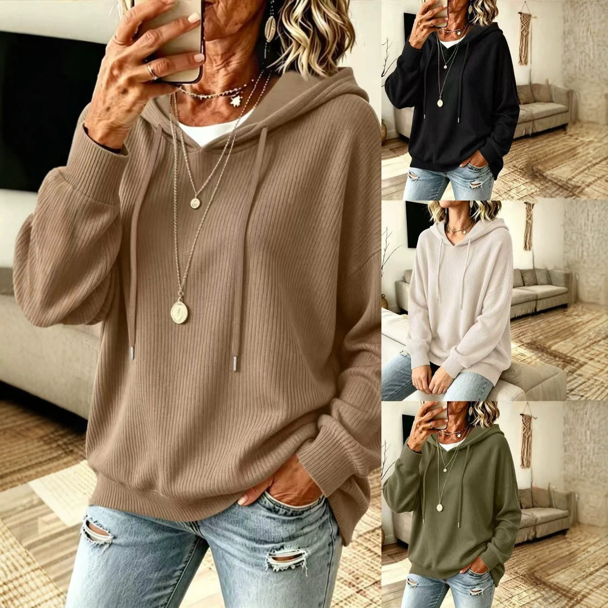 Amazon Cross-border Autumn And Winter Lazy Pit Knitted Hoodie Loose Meat Covering Shoulder Sleeve Women's Pullover Sweater