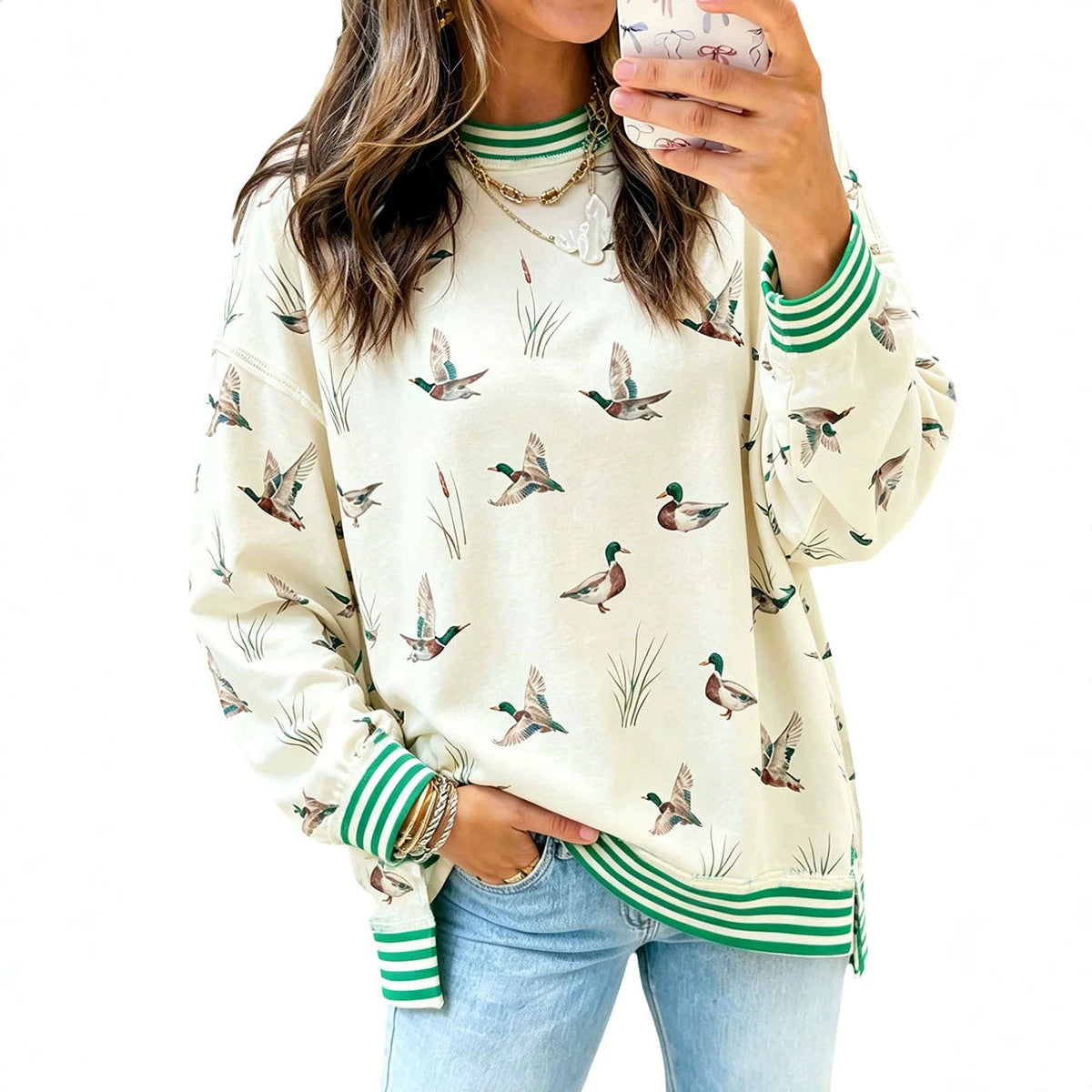 Ribbed-Trim Animal-Print Loose-Fit Womens Sweatshirt
