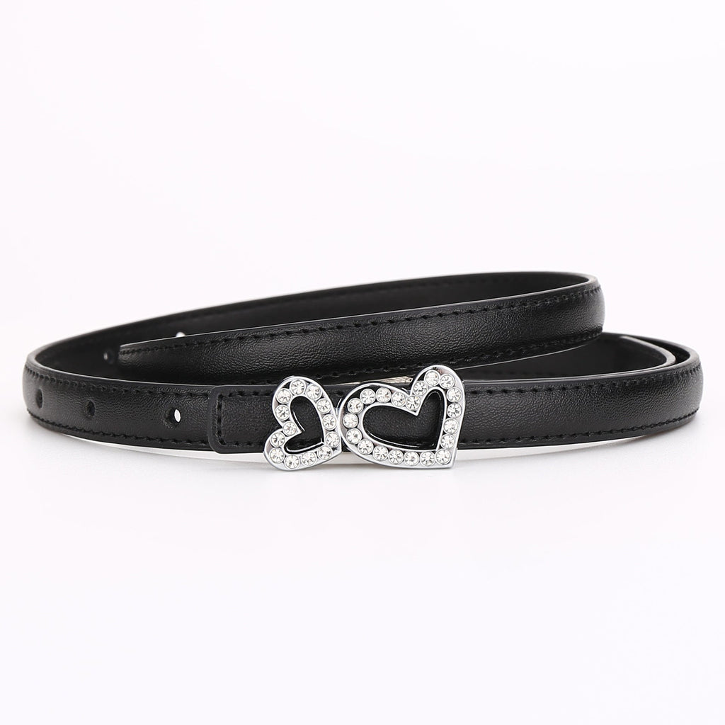 Genuine Cowhide Women's Slim Belt - Heart Shape Rhinestone Decorated Thin Waist Strap for Dress