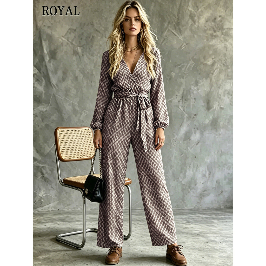 Womens Casual Belted V-neck One-piece Jumpsuit With A Fitted Waist