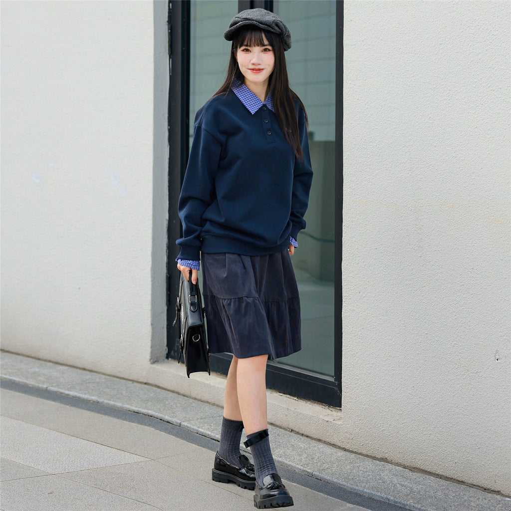 Retro Parent-child Outfit Plaid Patchwork Shirt-collar Hoodie Faux Two-piece Pullover Top