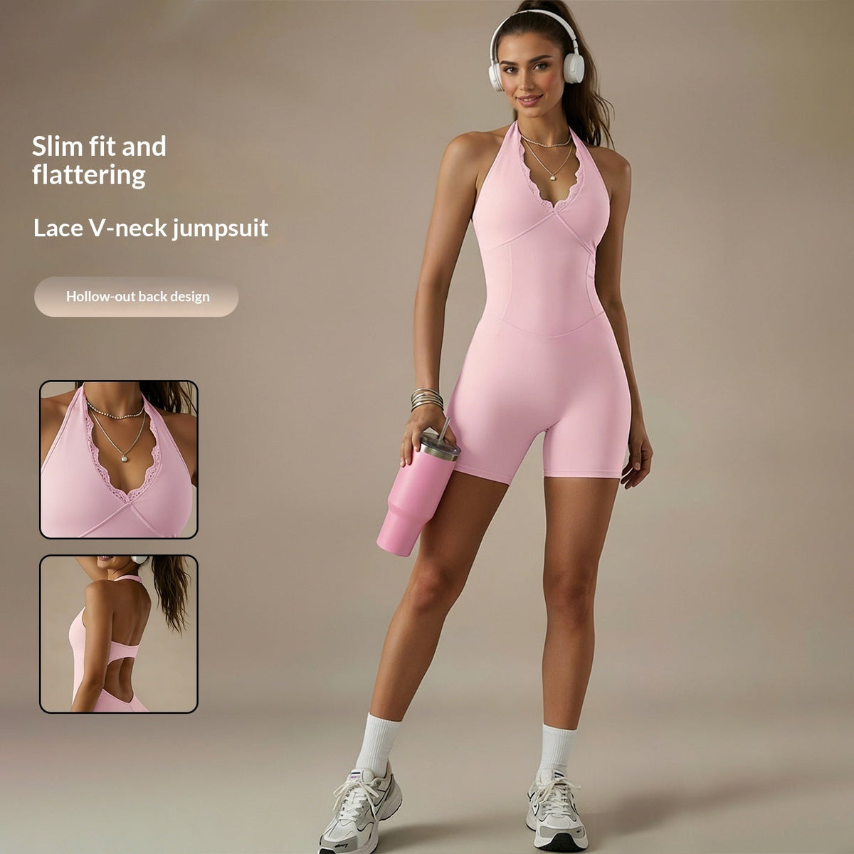Womens Lace V-Neck Quick-Drying Yoga Jumpsuit