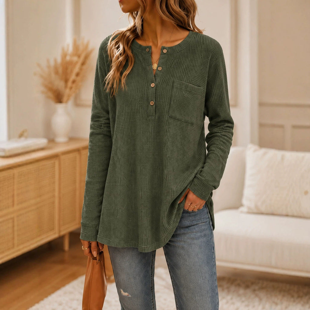 Anno Fashion New Solid Waffle Knit Long Sleeve Top With Pockets & Buttons