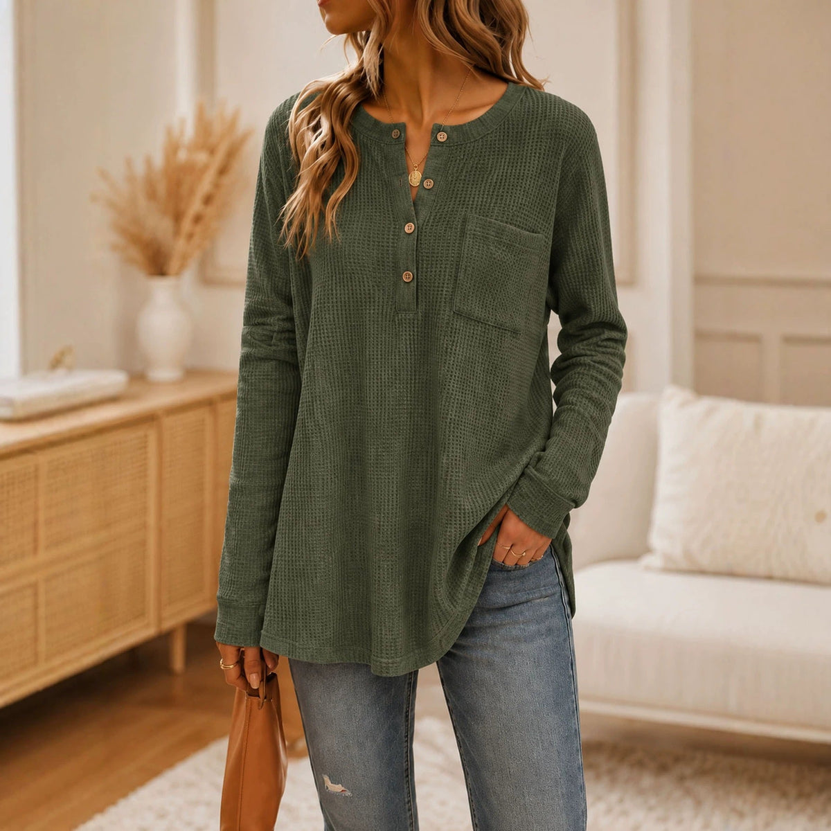 Anno Fashion New Solid Waffle Knit Long Sleeve Top With Pockets & Buttons