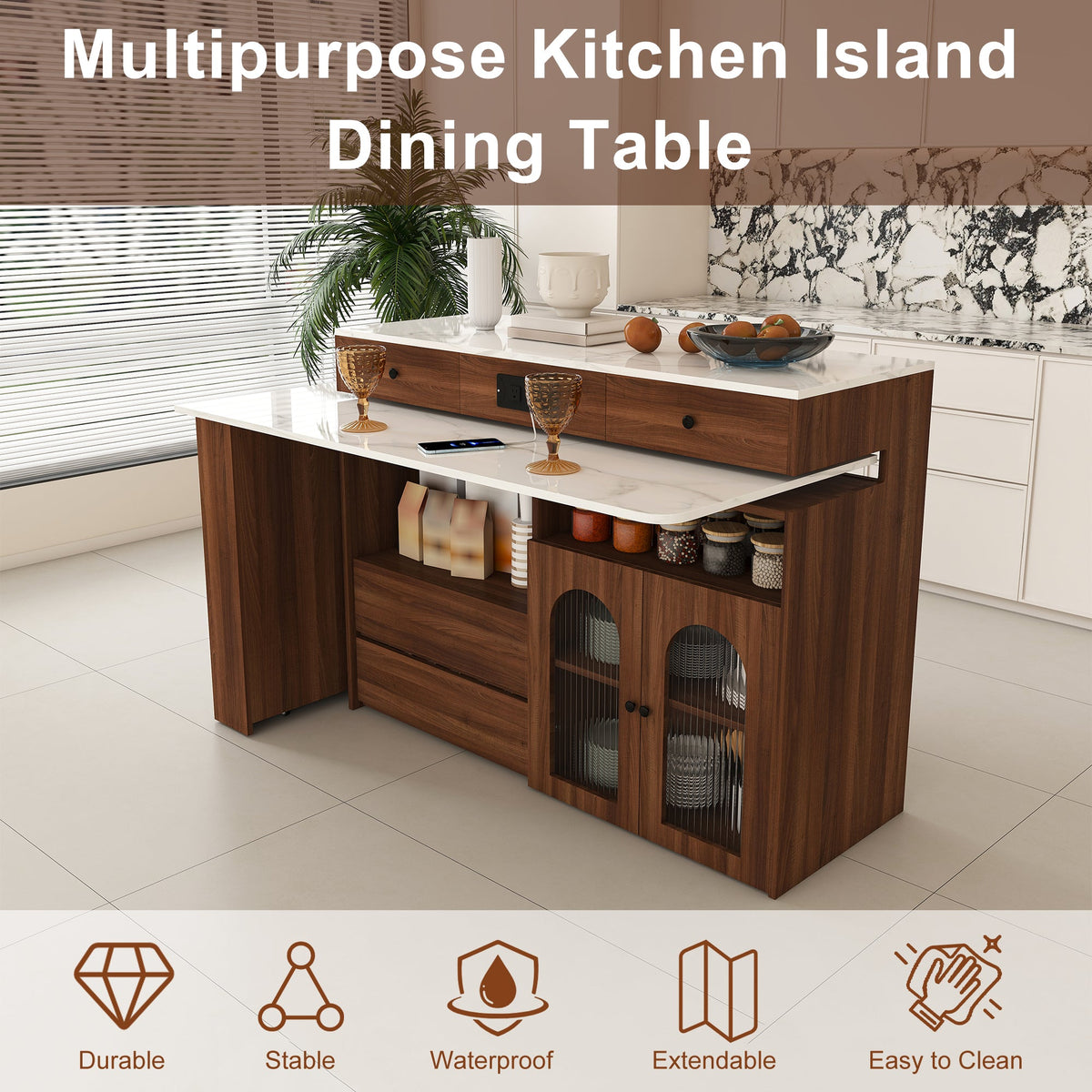 Kitchen Island with Extendable & Rotating Table