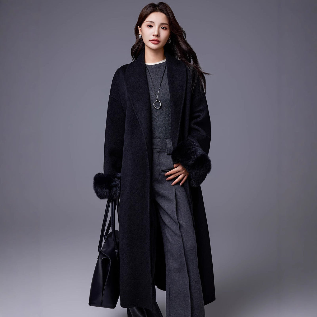 Thickened Coat With Fox-fur Sleeves Womens Belted Wool Blend