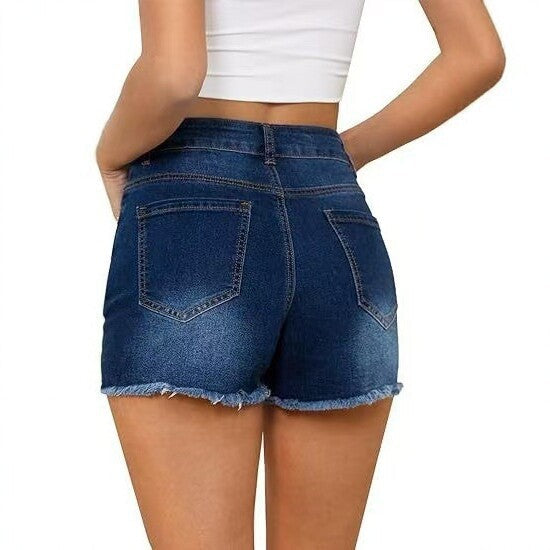 Four-way Stretch Denim Shorts With A Raw-edge Hem