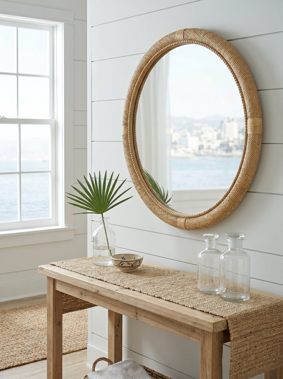 31.9" Woven Rattan Decorative Round Mirror with Wrapped Accents
