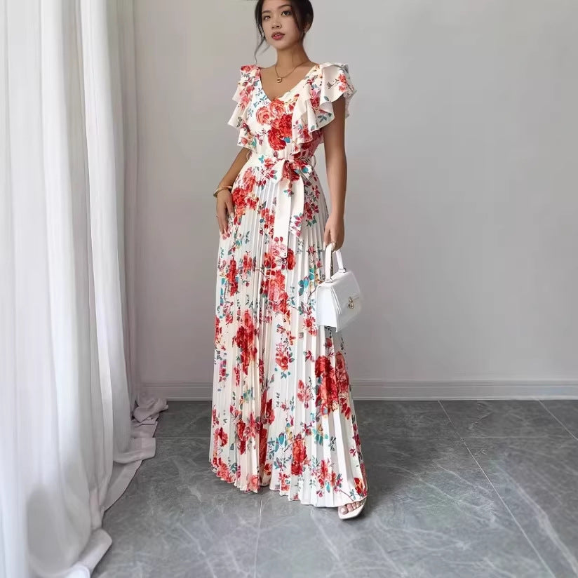 Women's V-neck Printed Ruffle A-line Dress