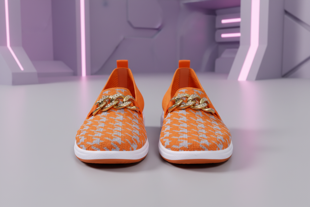 Orange Checkered Slip-On Flats | Low Flat Shoes | Women's Casual Everyday Wear