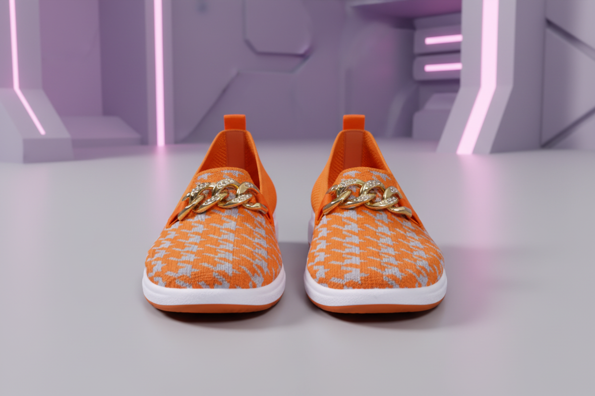 Orange Checkered Slip-On Flats | Low Flat Shoes | Women's Casual Everyday Wear