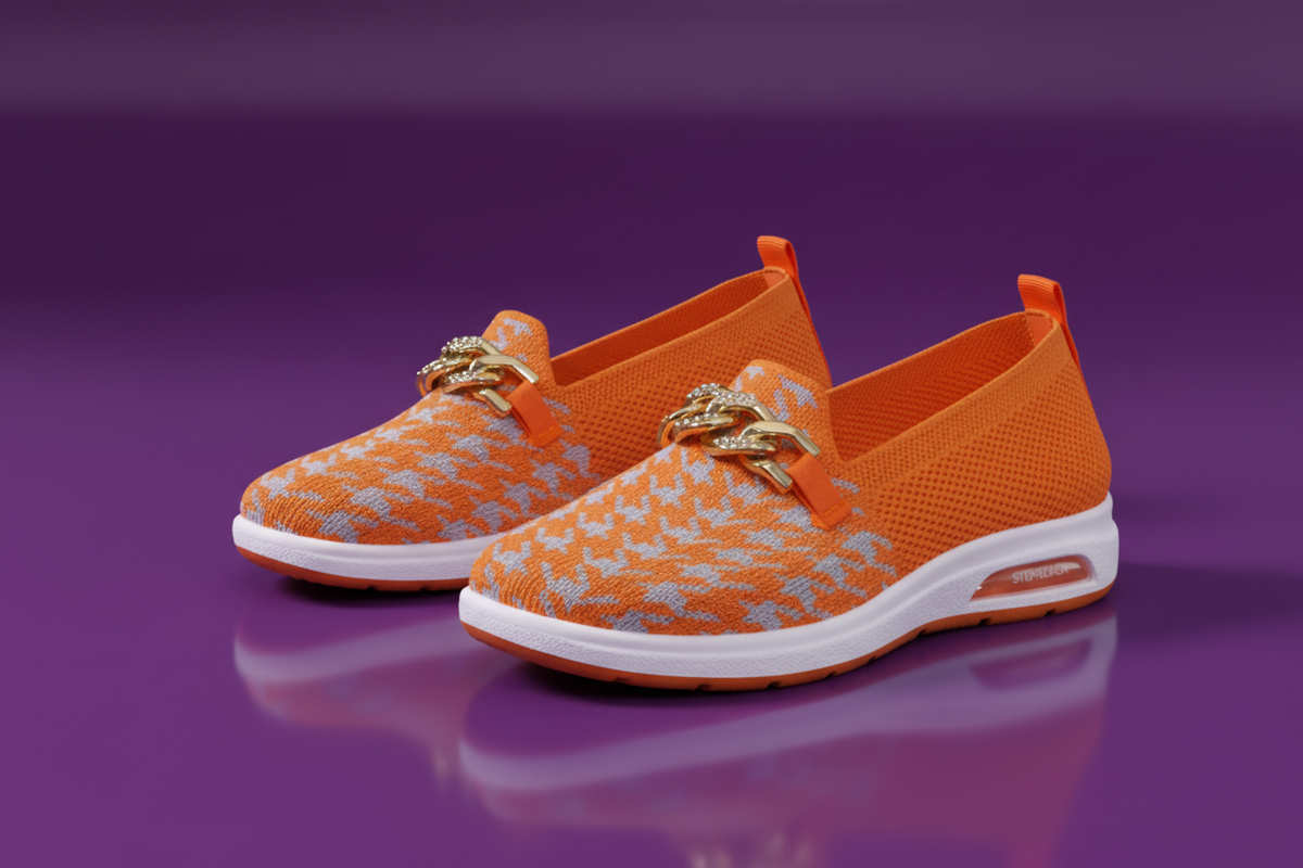 Orange Checkered Slip-On Flats | Low Flat Shoes | Women's Casual Everyday Wear