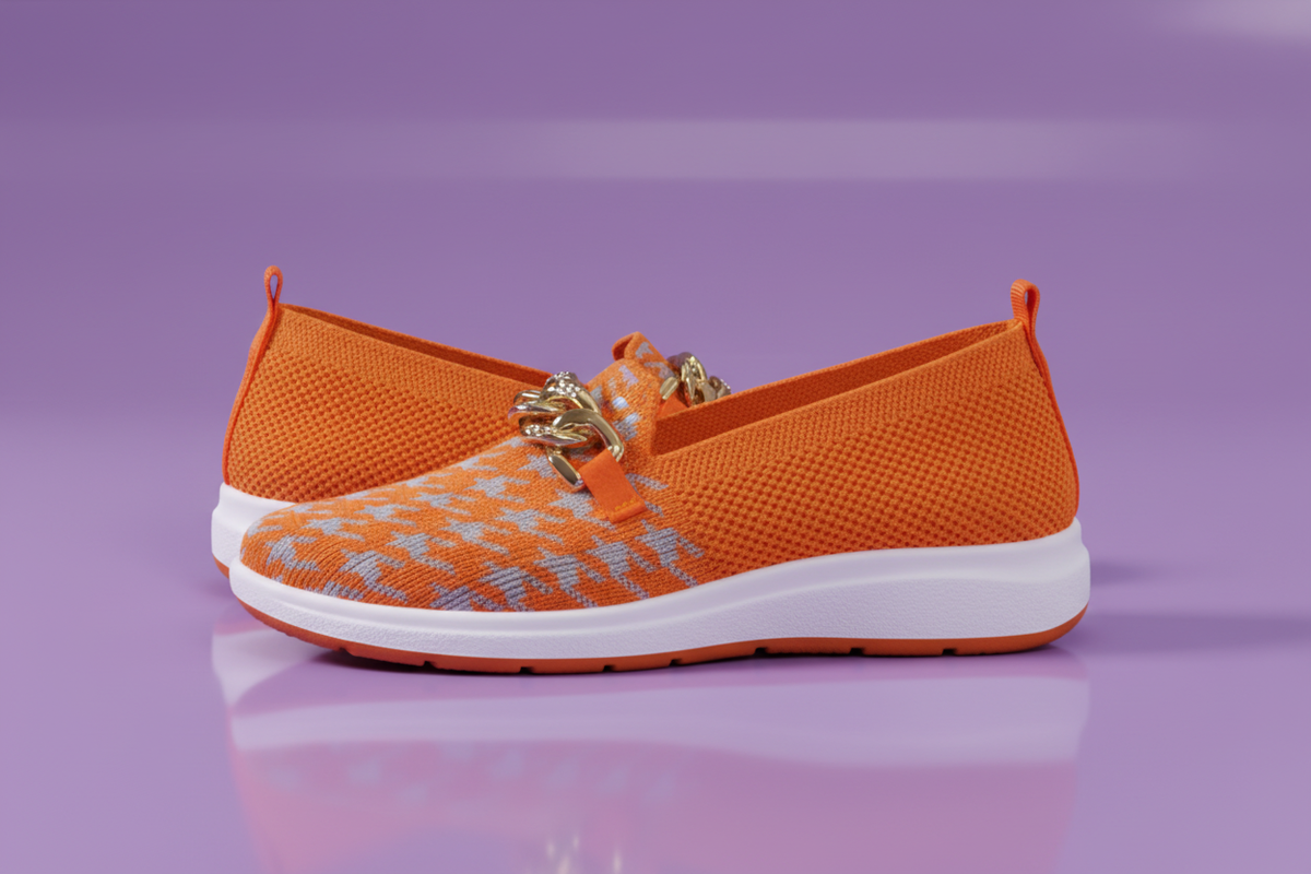 Orange Checkered Slip-On Flats | Low Flat Shoes | Women's Casual Everyday Wear
