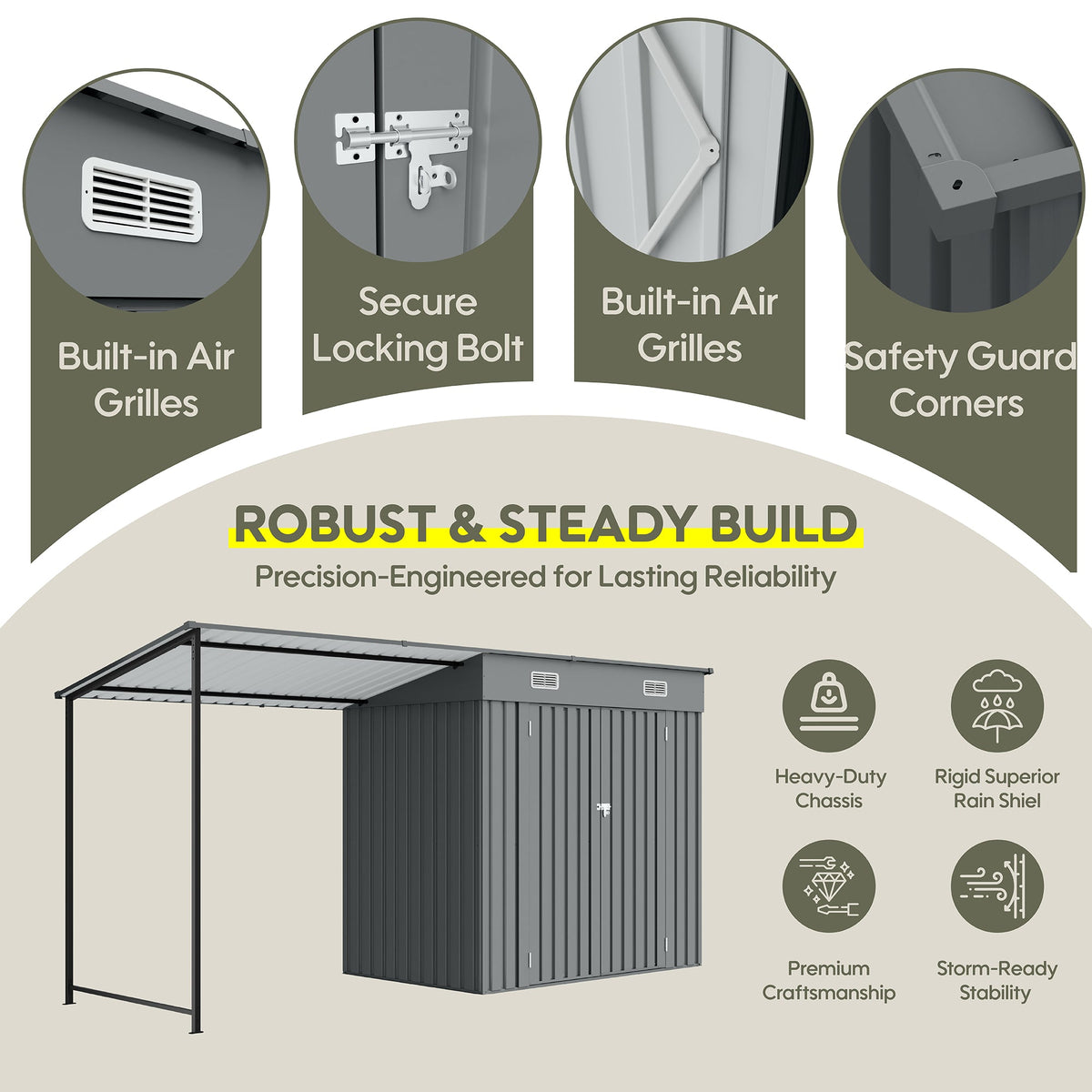 12x4 FT Metal Lean-To Shed with Pergola & Hardtop Gazebo Combo