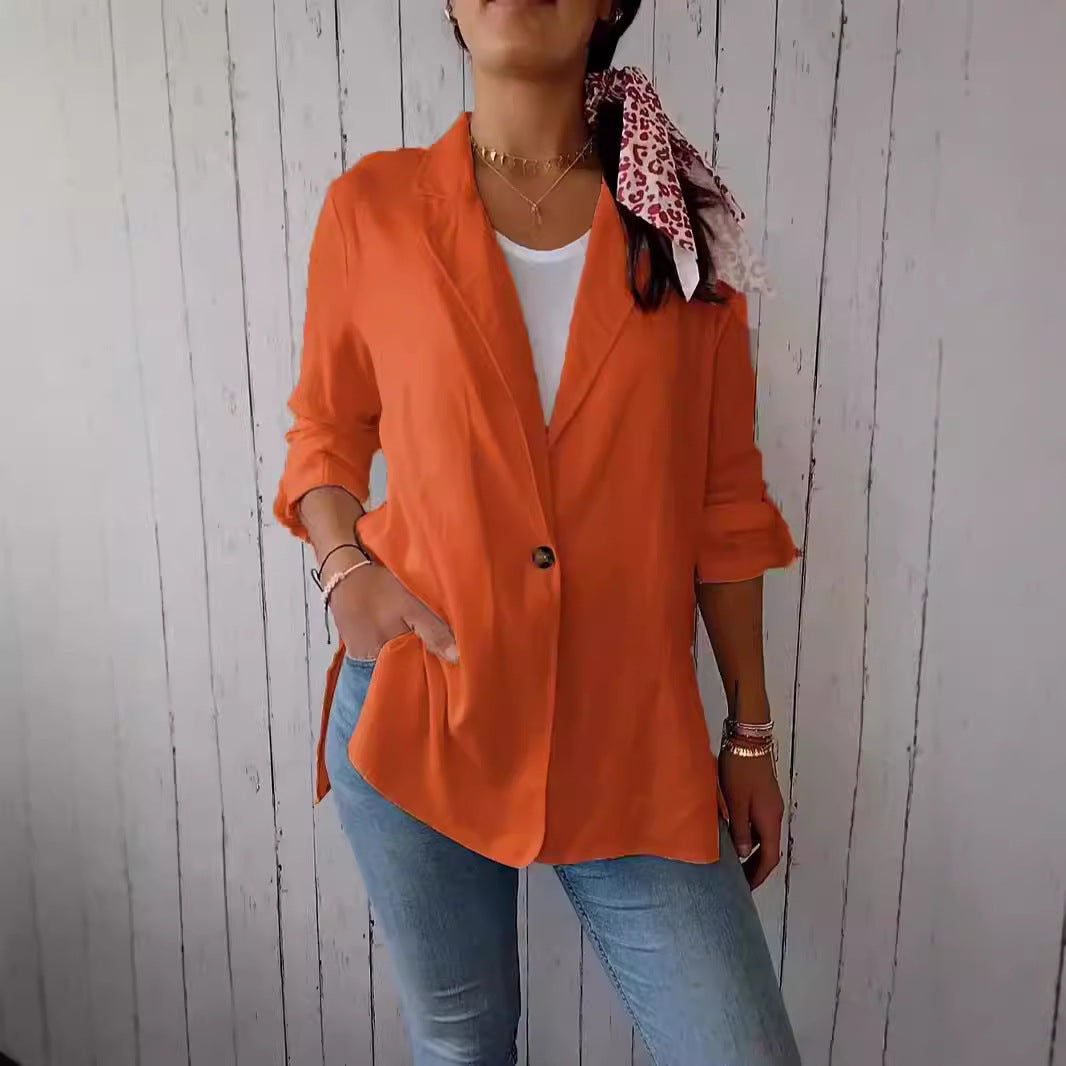 AutumnWinter Womens Cotton-linen Blazer With A Lapel And A Single Button