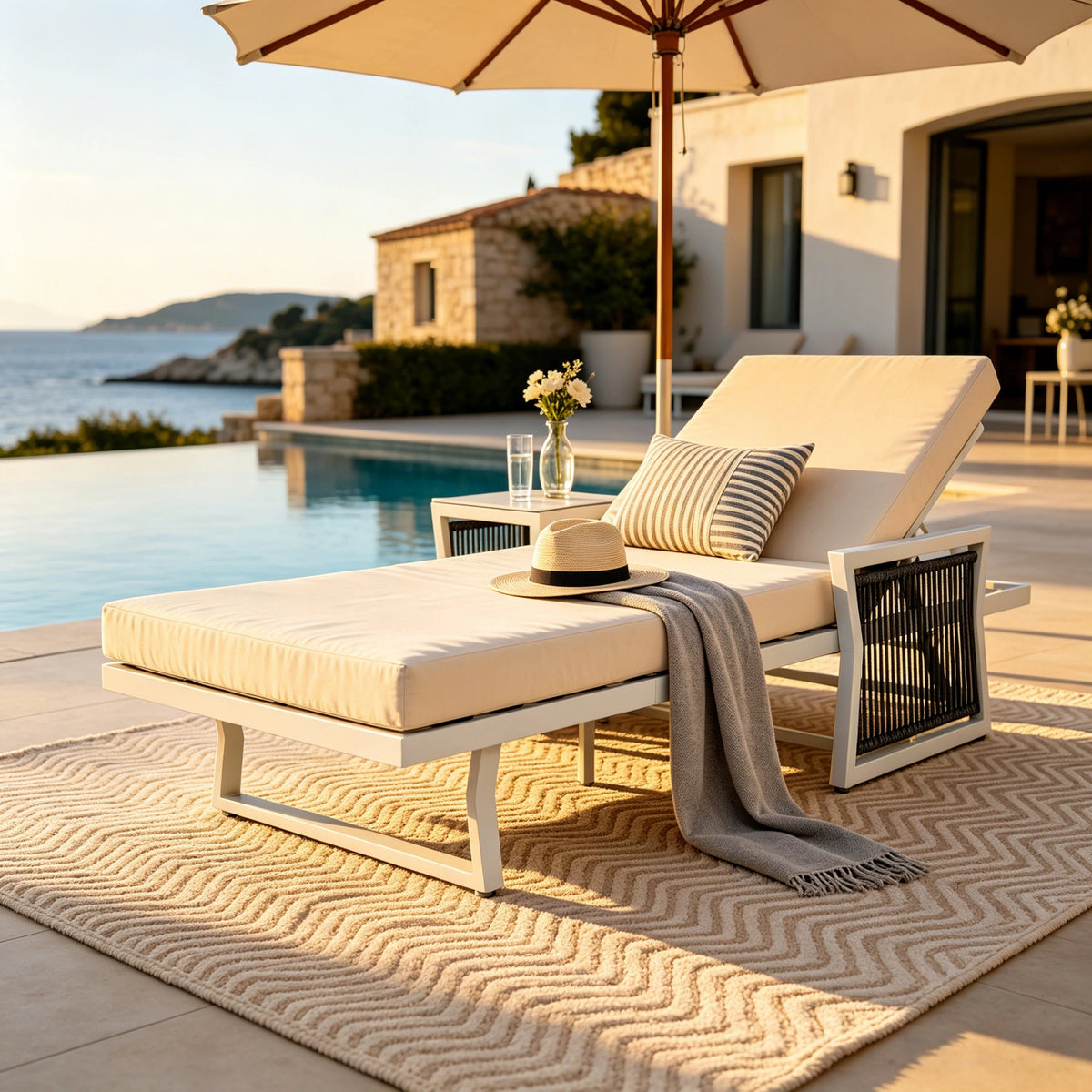 White Iron Outdoor Chaise Lounger Set