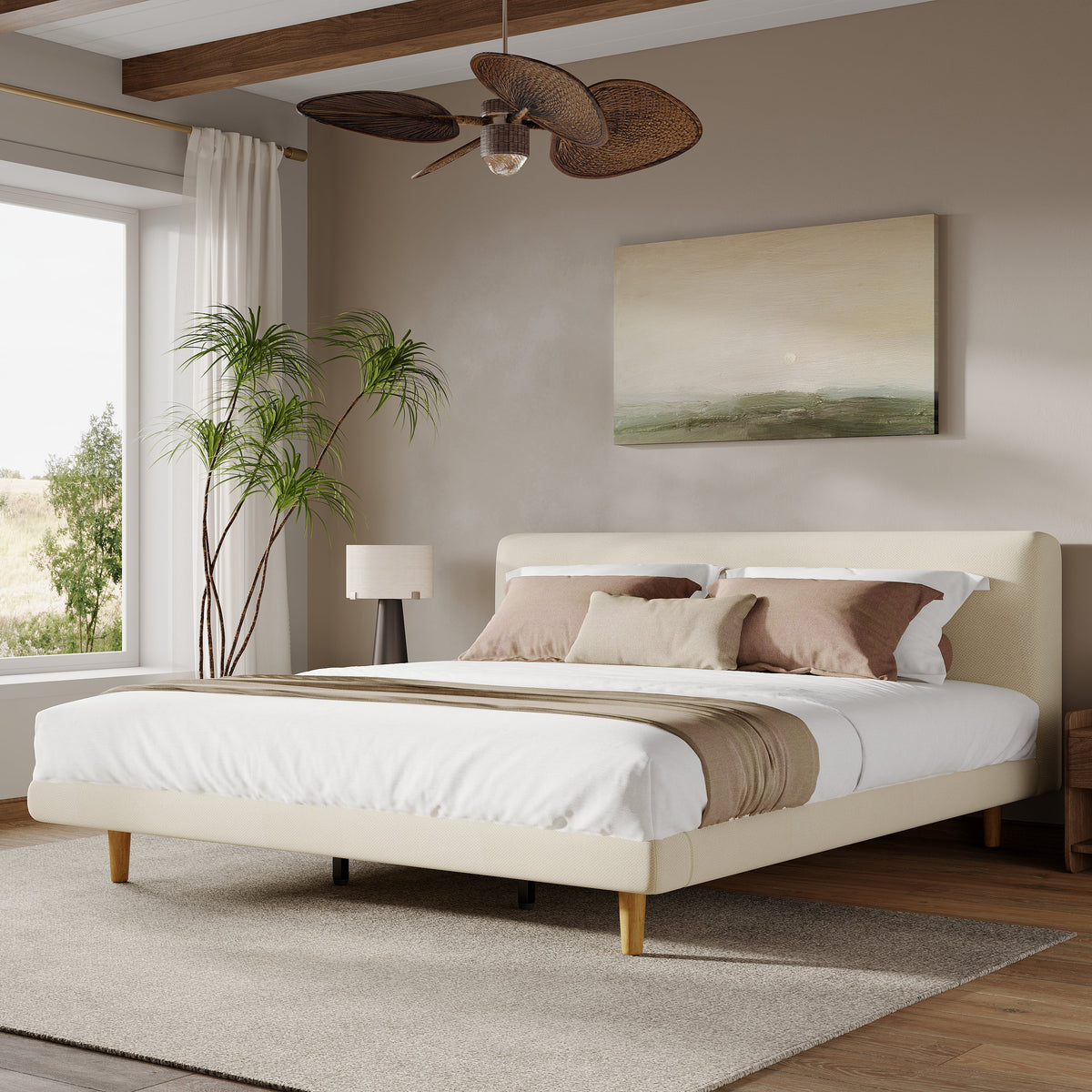 Beige Chunky Headboard Bed Frame
