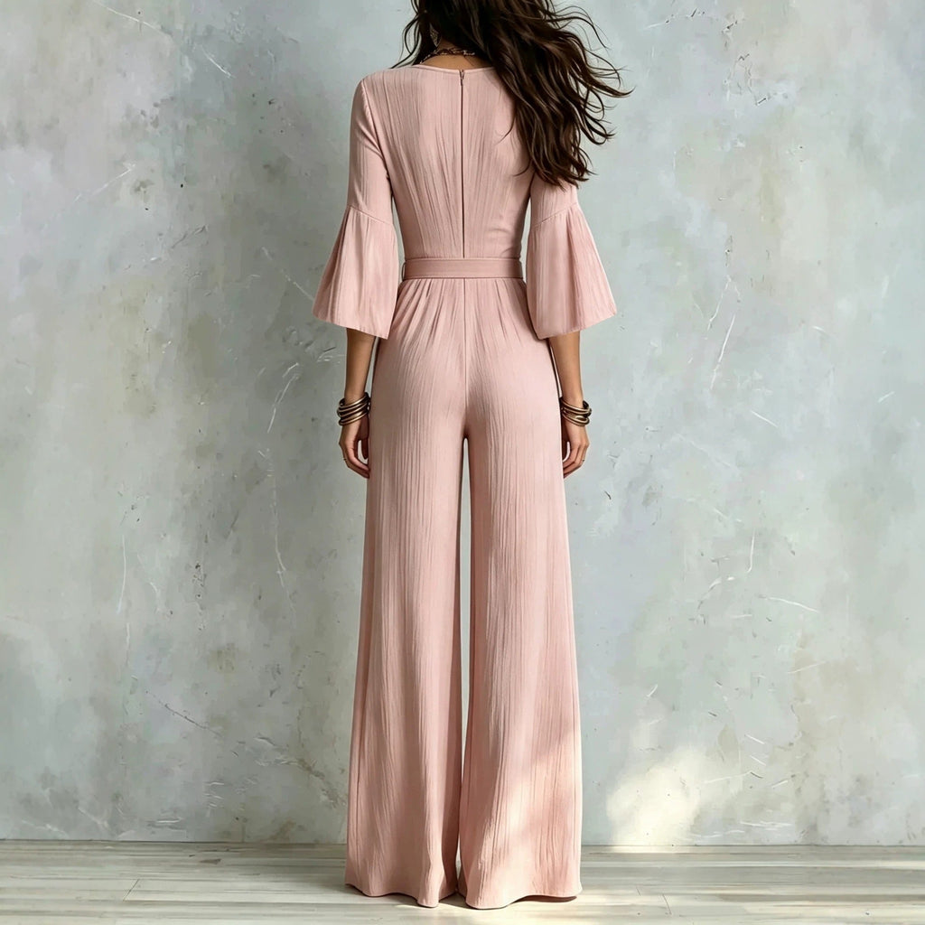 Deep V-neck Jumpsuit With Bubble Sleeves And Wide-leg Pants