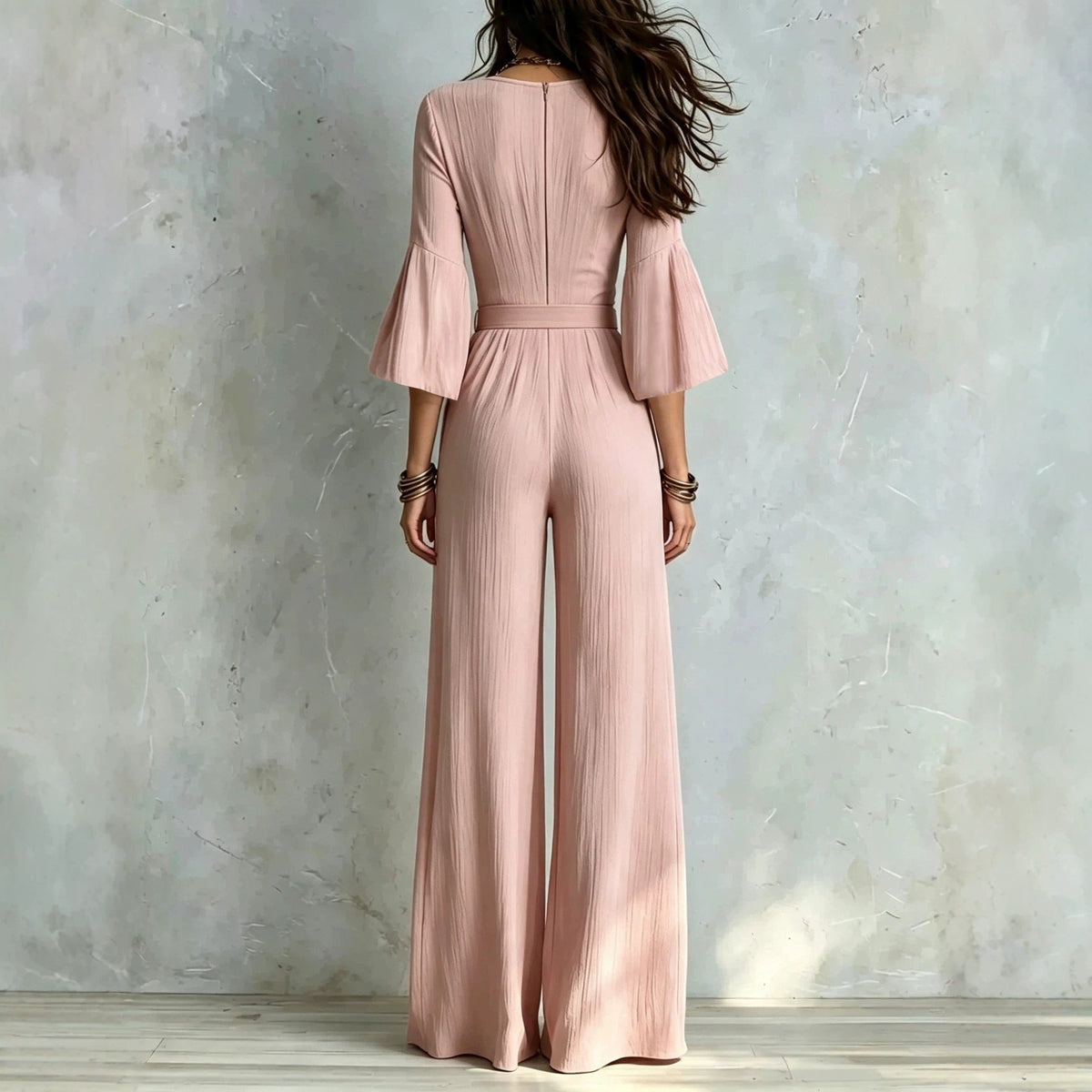 Deep V-neck Jumpsuit With Bubble Sleeves And Wide-leg Pants