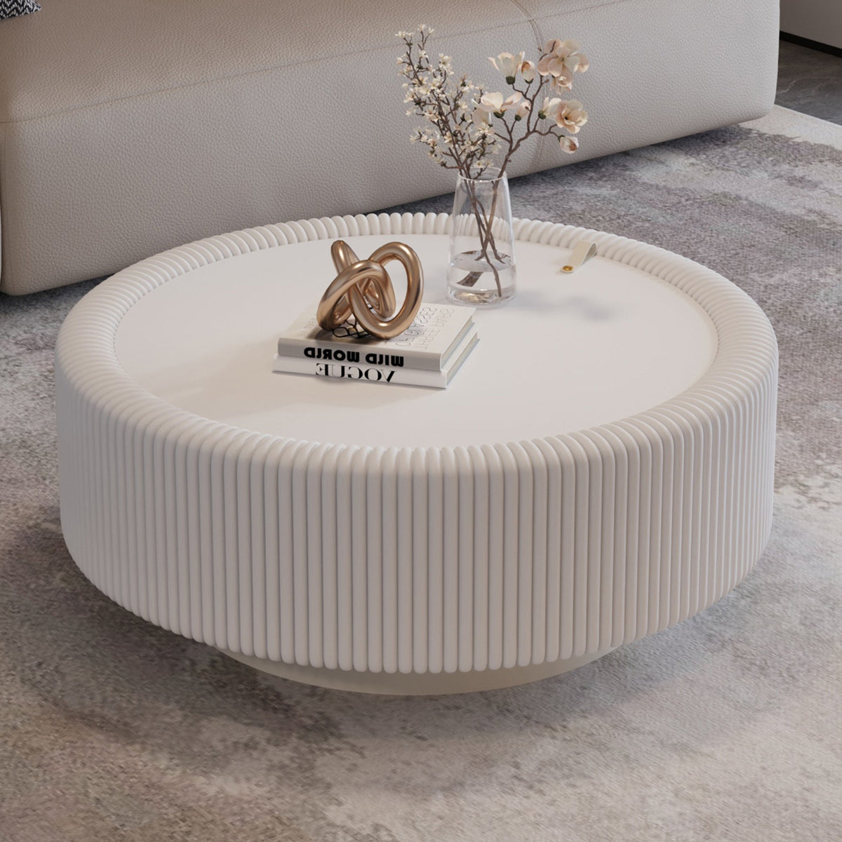 White Round Fluted Coffee Table with Hidden Storage