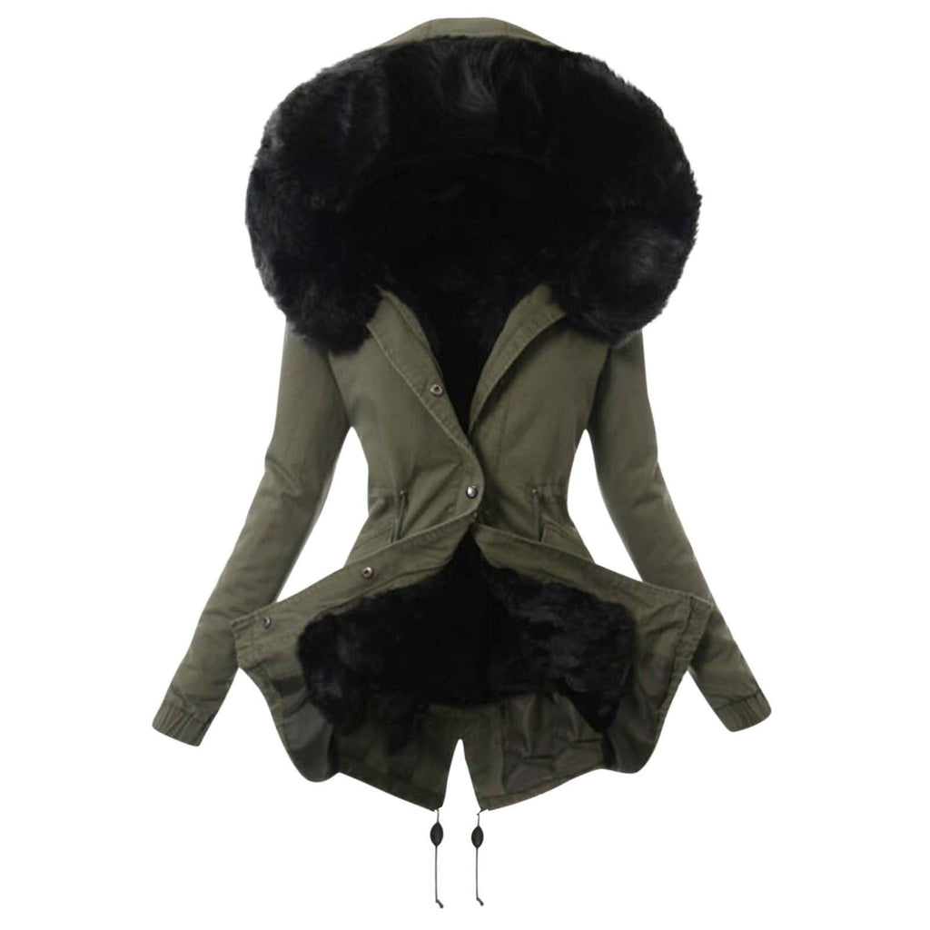Womens Winter Warm Faux Fur Collar Zip-Up Long-Sleeve Coat