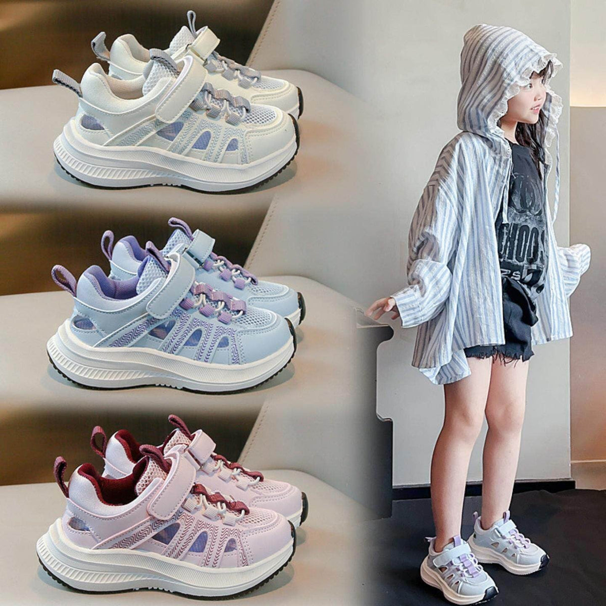 2026 Spring New Boys Sports Sandals, Soft Sole Hollow Out Kids Shoes, White Single Mesh Lightweight Sneakers For Big Kids