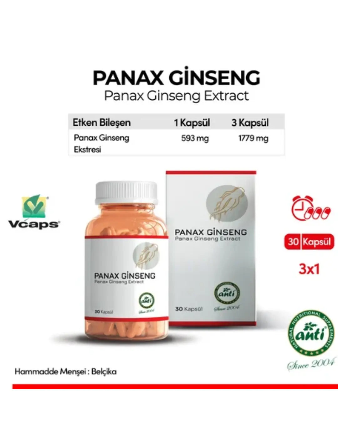 Anti Panax Ginseng Extract Dietary Supplement 30 Capsules
