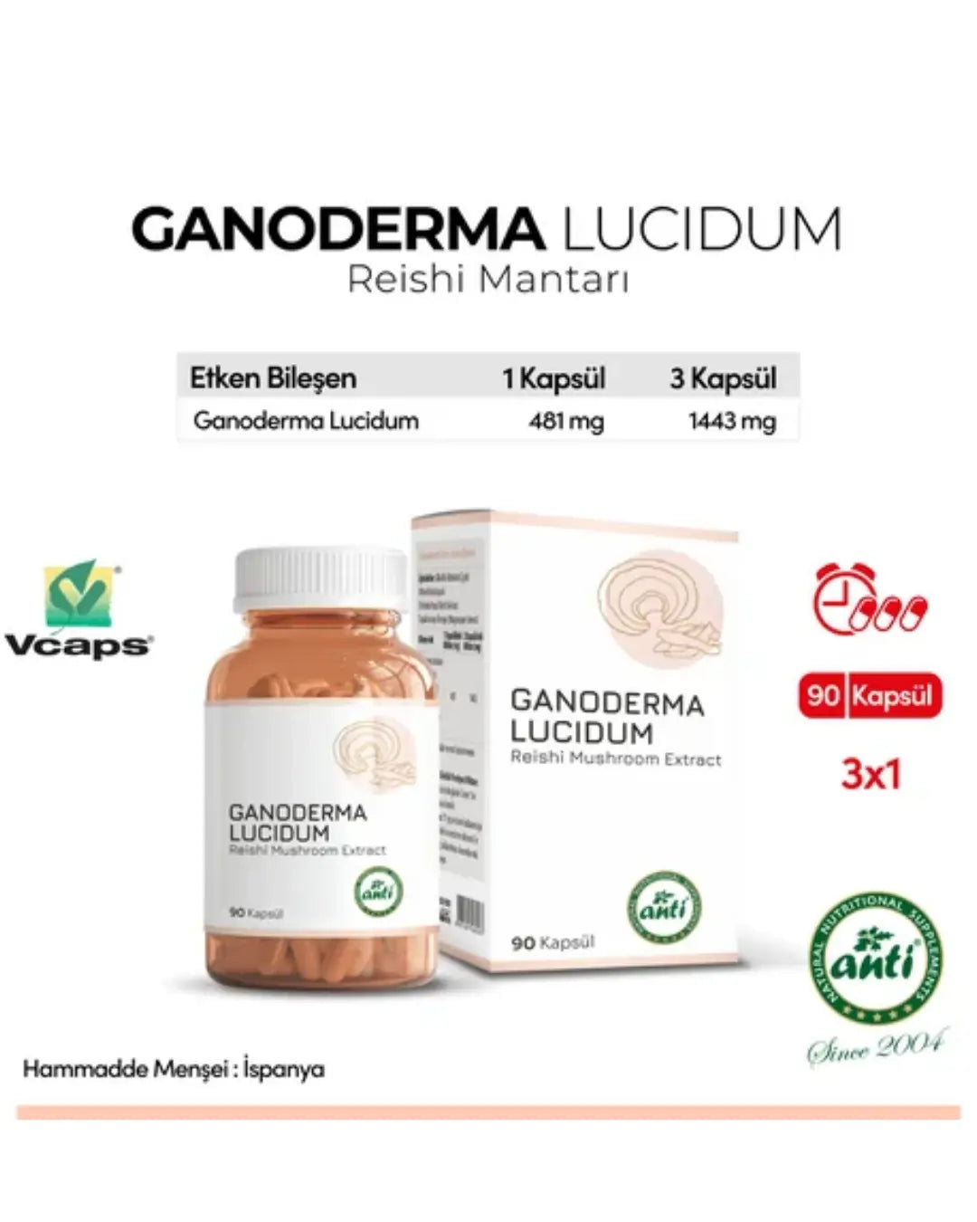 Anti Reishi Mushroom Extract Ganoderma Lucidum 90 Capsules
