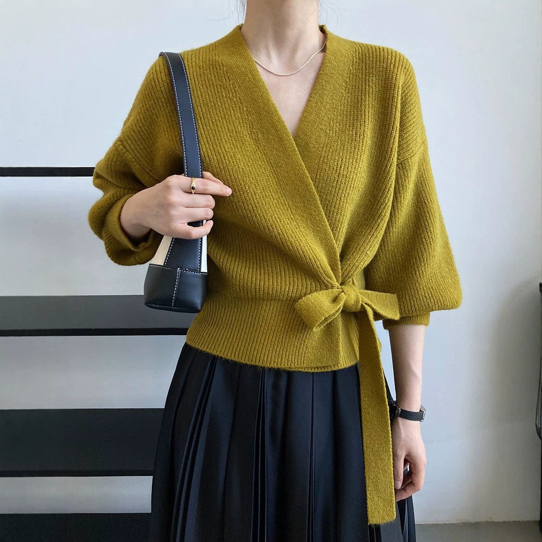 French-style Vintage Collar Lace-up Loose-fitting Knit Cardigan For Outerwear