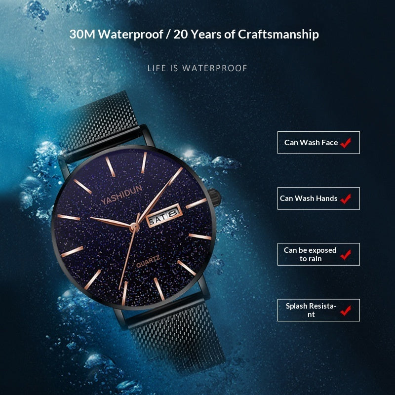Mens Waterproof Dual-Date Starry Sky Watch