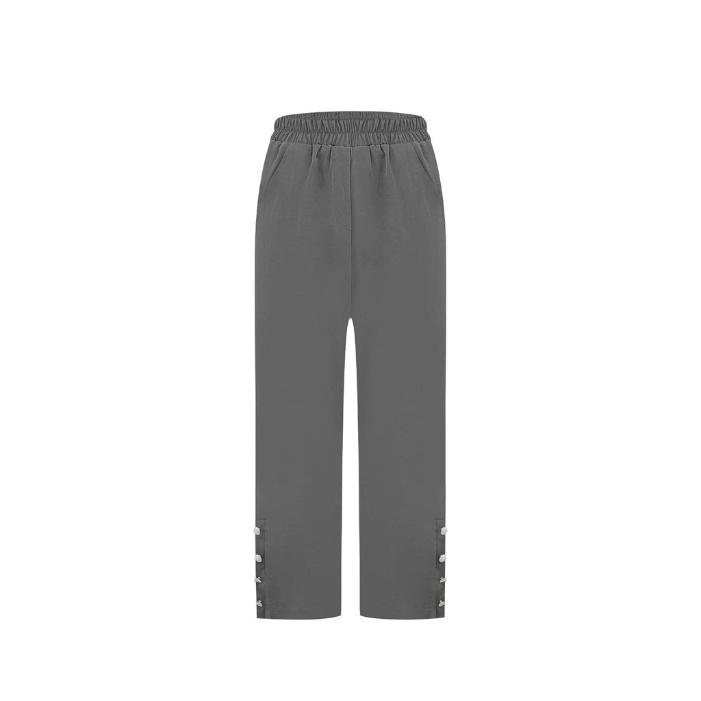 Independent Site European And American Cross-border Foreign Trade Elastic Waist Cropped Straight-leg Trousers With Buttoned Cuffs And Drapey Casual Design