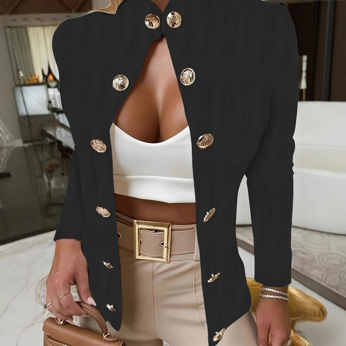 Stylish Slim-fit Double-breasted Blazer With Long Sleeves