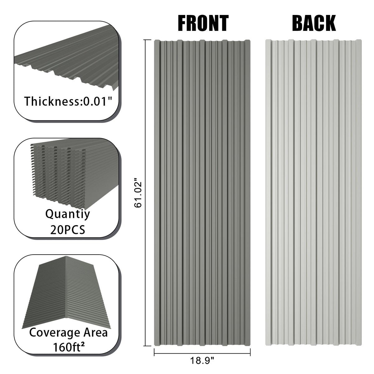 20 Pcs Metal Roof Panels - Galvanized Steel