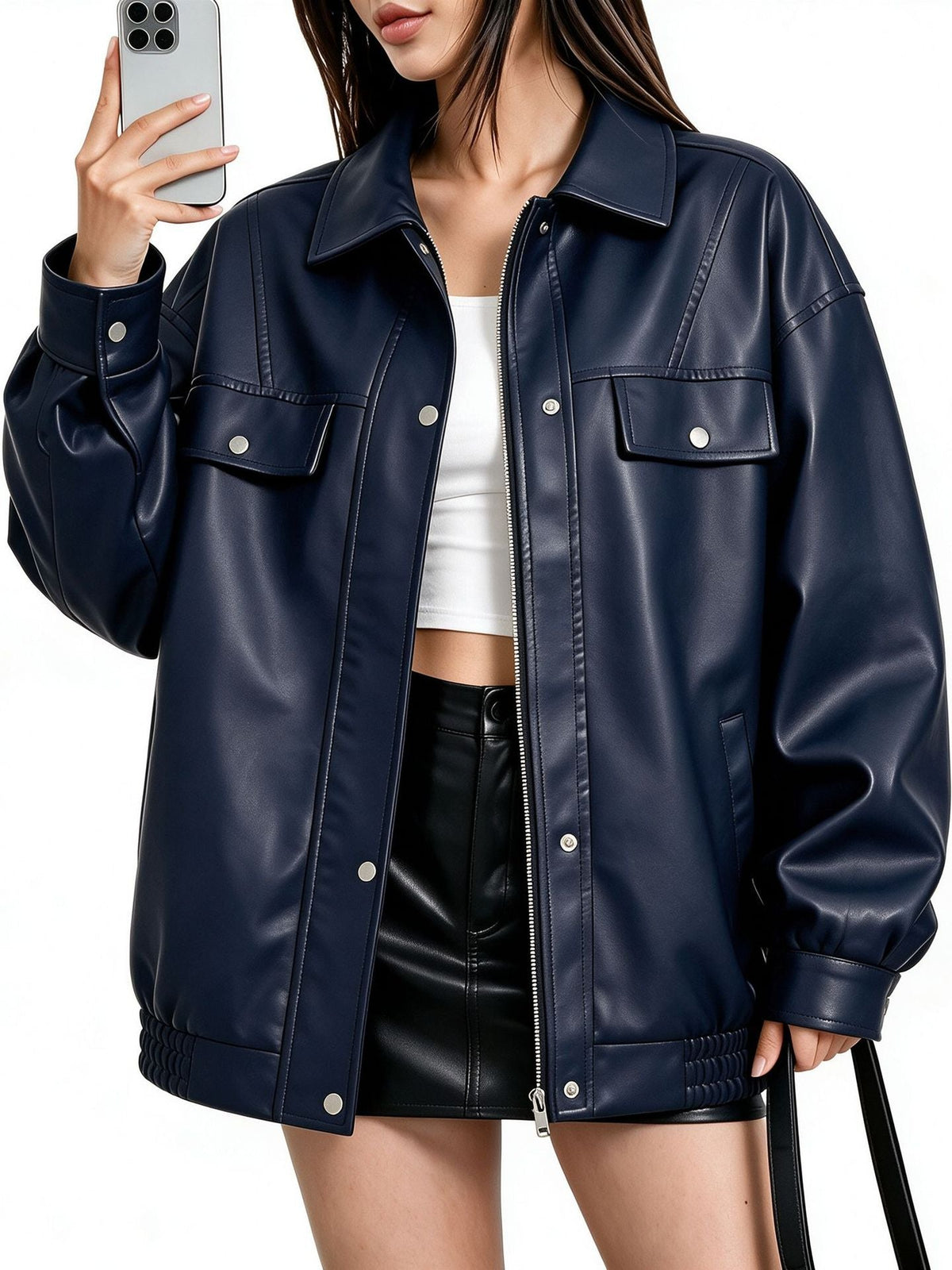 Cross-border European Size Women's PU Leather Short Slim-fit Jacket Spring And Autumn Thin Biker Suit Vertical Collar Jacket Fashion Women's Clothing
