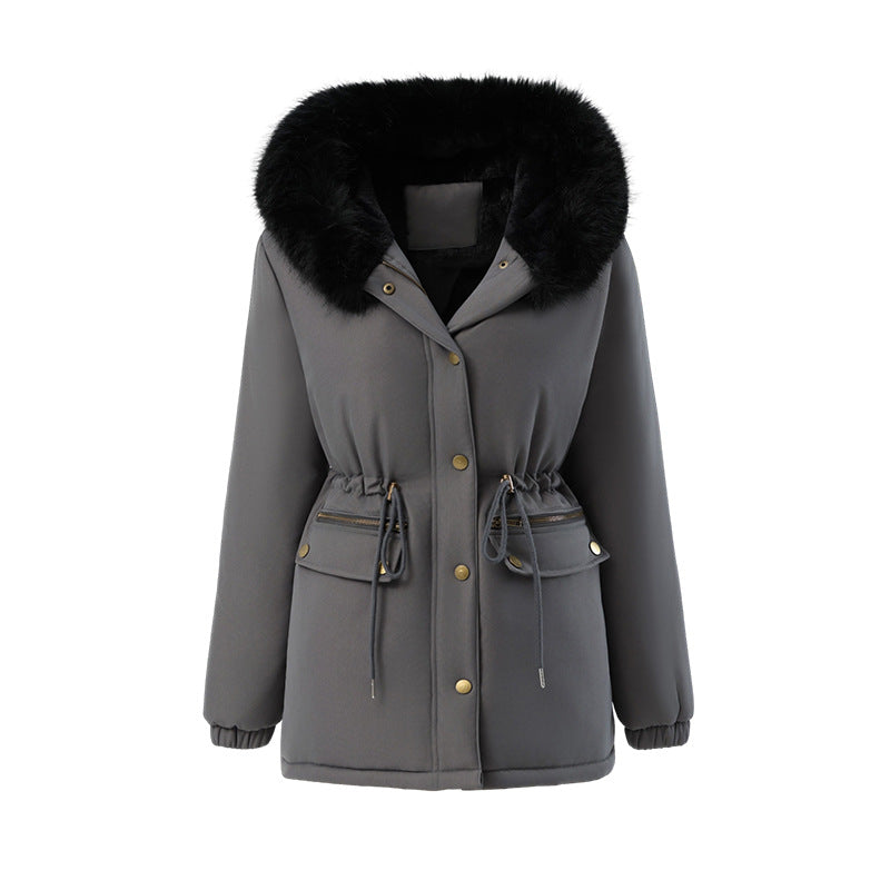 Women's Fleece-lined Mid-length Hooded Cotton Padded Jacket