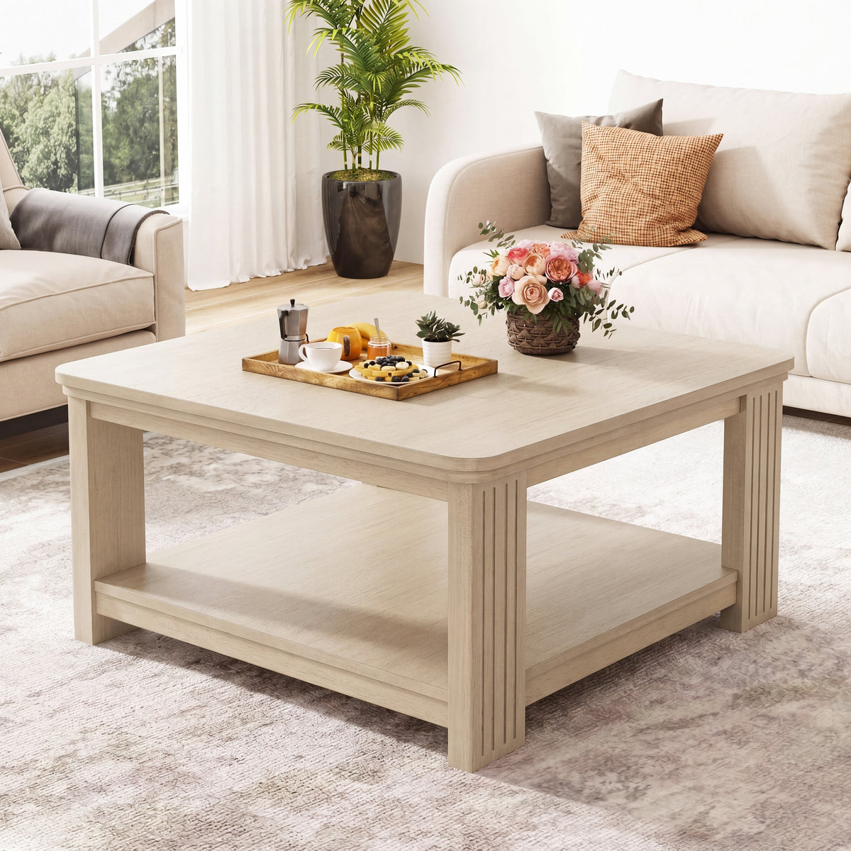 Square Coffee Table with 2-Tier Storage Shelf