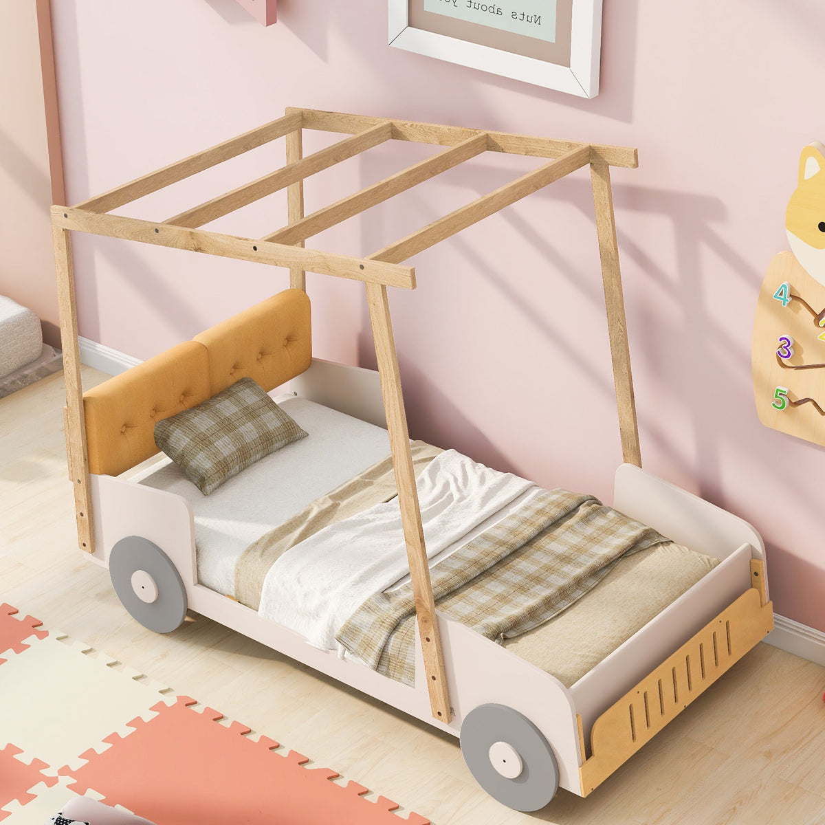 Wood Twin Size Car Bed with Pillow, Ceiling Cloth