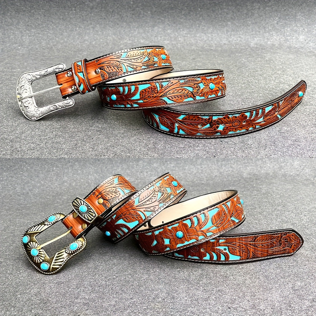 Versatile Spring, Summer, Autumn, And Winter New European And American Western Style Carved Belt, Can Be Paired With Jeans, Leather Belt, Turquoise