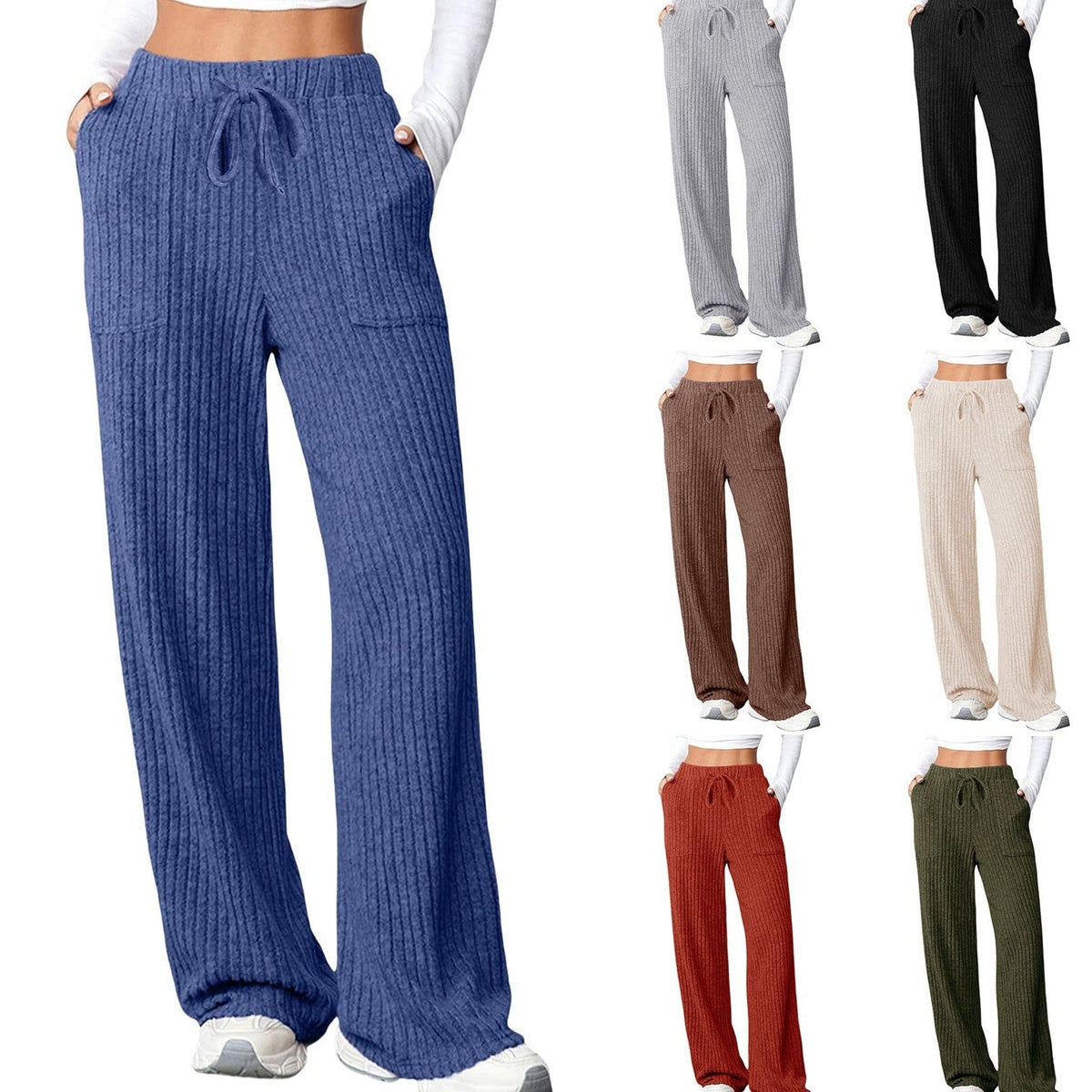 Women's Solid-Color Ribbed Pocket Casual Pants