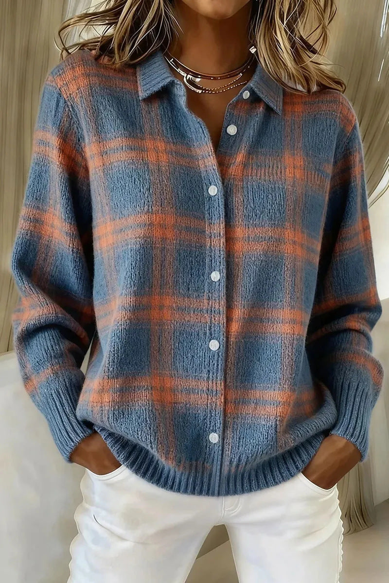 European And American Cross-Border Amazon Independent Station Women's Casual Loose Autumn And Winter Plaid Long-Sleeved Lapel Shirt Sweater Cardigan