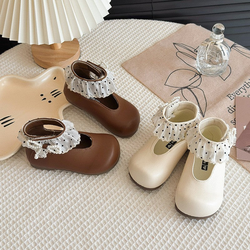 2026 Spring New Kids Princess Shoes, Lace Ruffle Pearl Decor Flats, Elegant Fashion Casual Single Shoes For Baby Girls