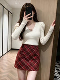 New Puff-sleeve V-neck Knitted Base Sweater Womens Long-sleeved Top